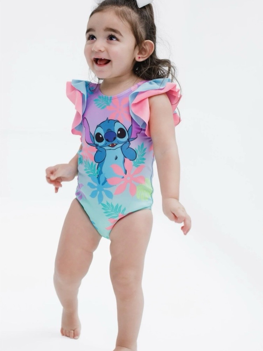 Disney Toddler Girls Blue Pink Purple Stitch One-Piece Ruffle Swimsuit